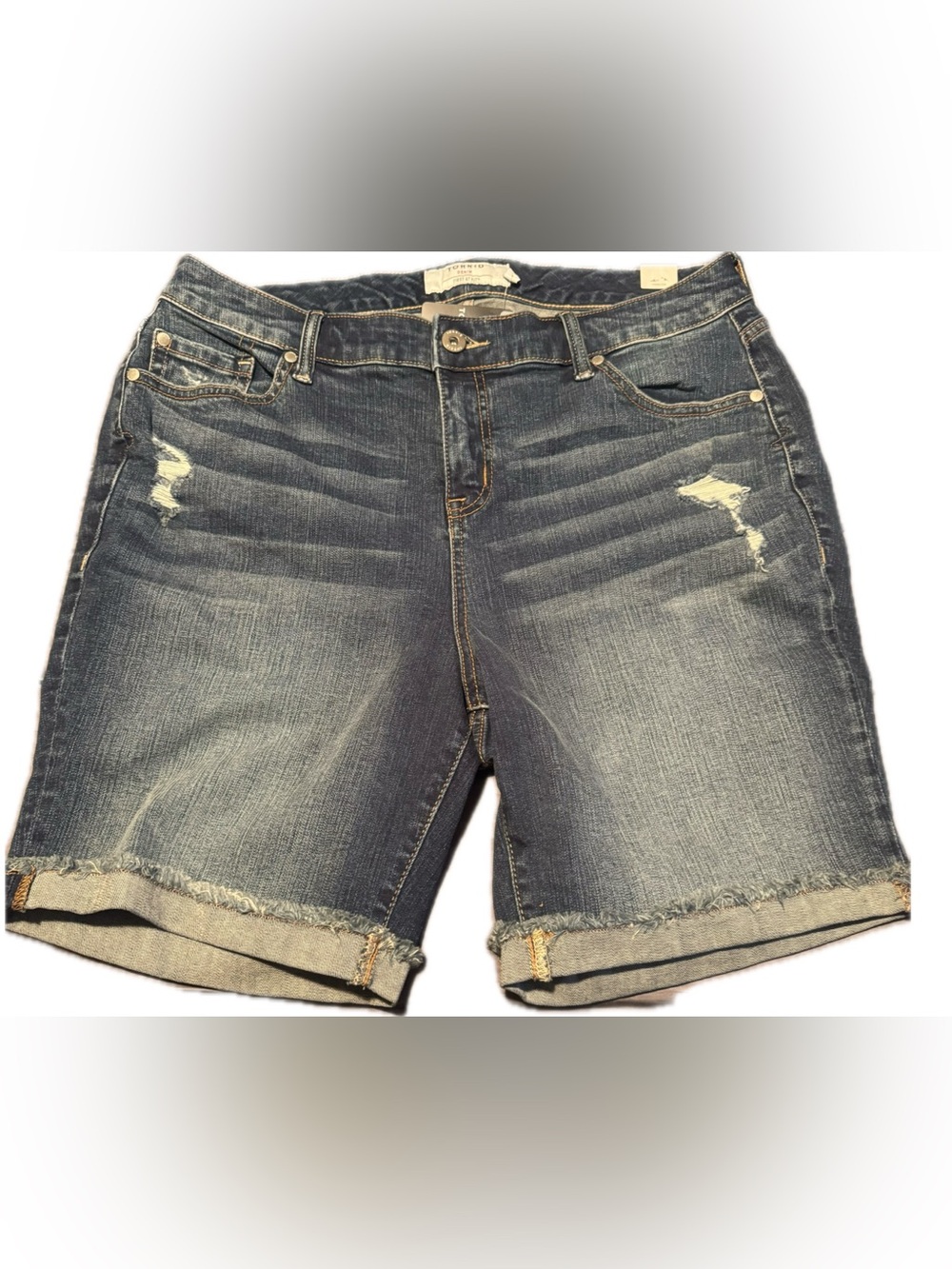 Torrid women’s Distressed Rolled-Hem hi- rise Denim Shorts in Faded Blue